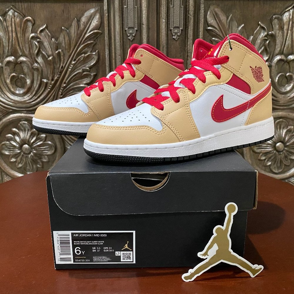 Nike Air Jordan 1 Mid (GS) Beige Red  - Youth 6/Women's 7.5/Men's 6